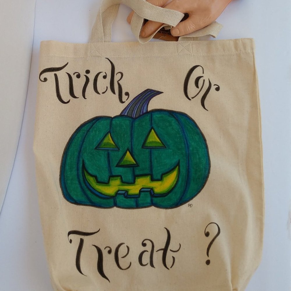 Hand Made Reusable Halloween Tote Bag With Teal Jack-O-Lantern Trick Or Treat